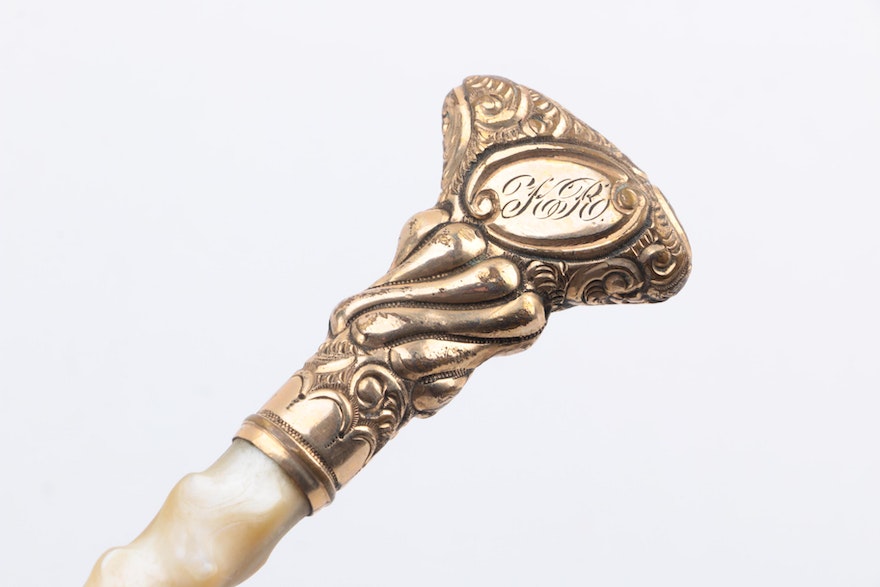 Vintage Brass and Mother of Pearl Walking Stick Handle