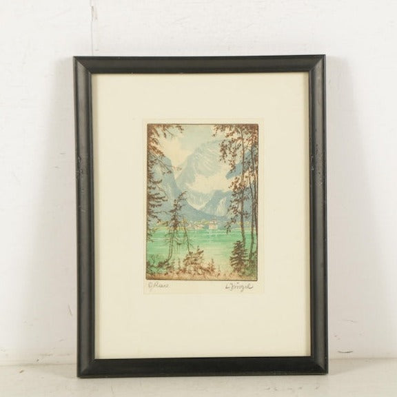Hand Colored Etching of Landscape with Lake
