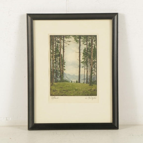 Hand Colored Etching of Mountain Landscape