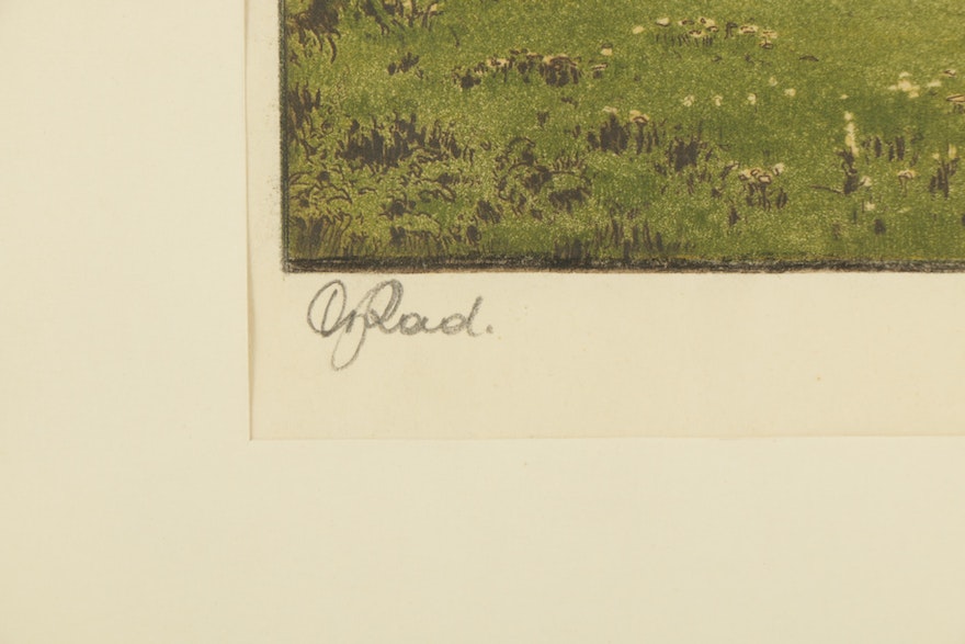Hand Colored Etching of Mountain Landscape