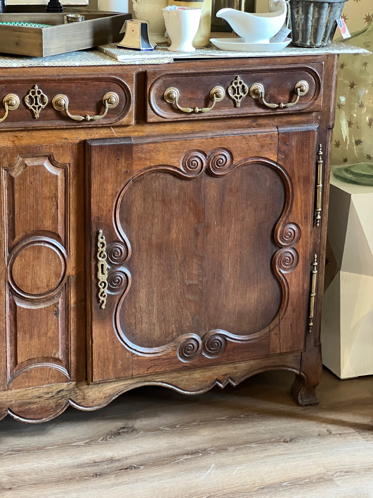 Antique French Carved Oak Buffet with Brass Accents