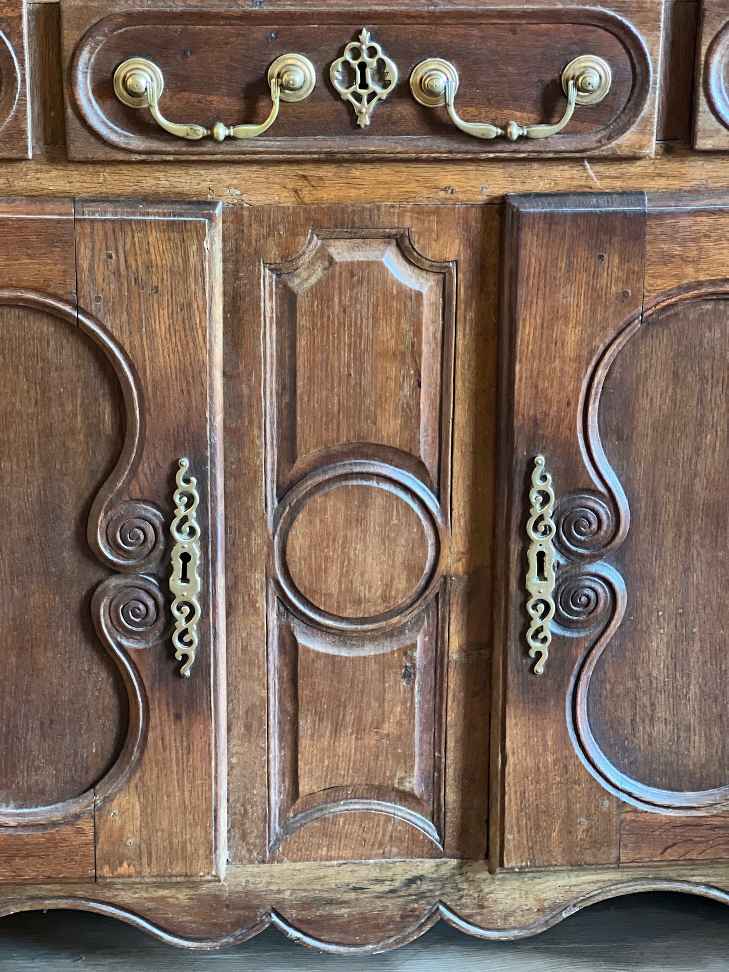 Antique French Carved Oak Buffet with Brass Accents