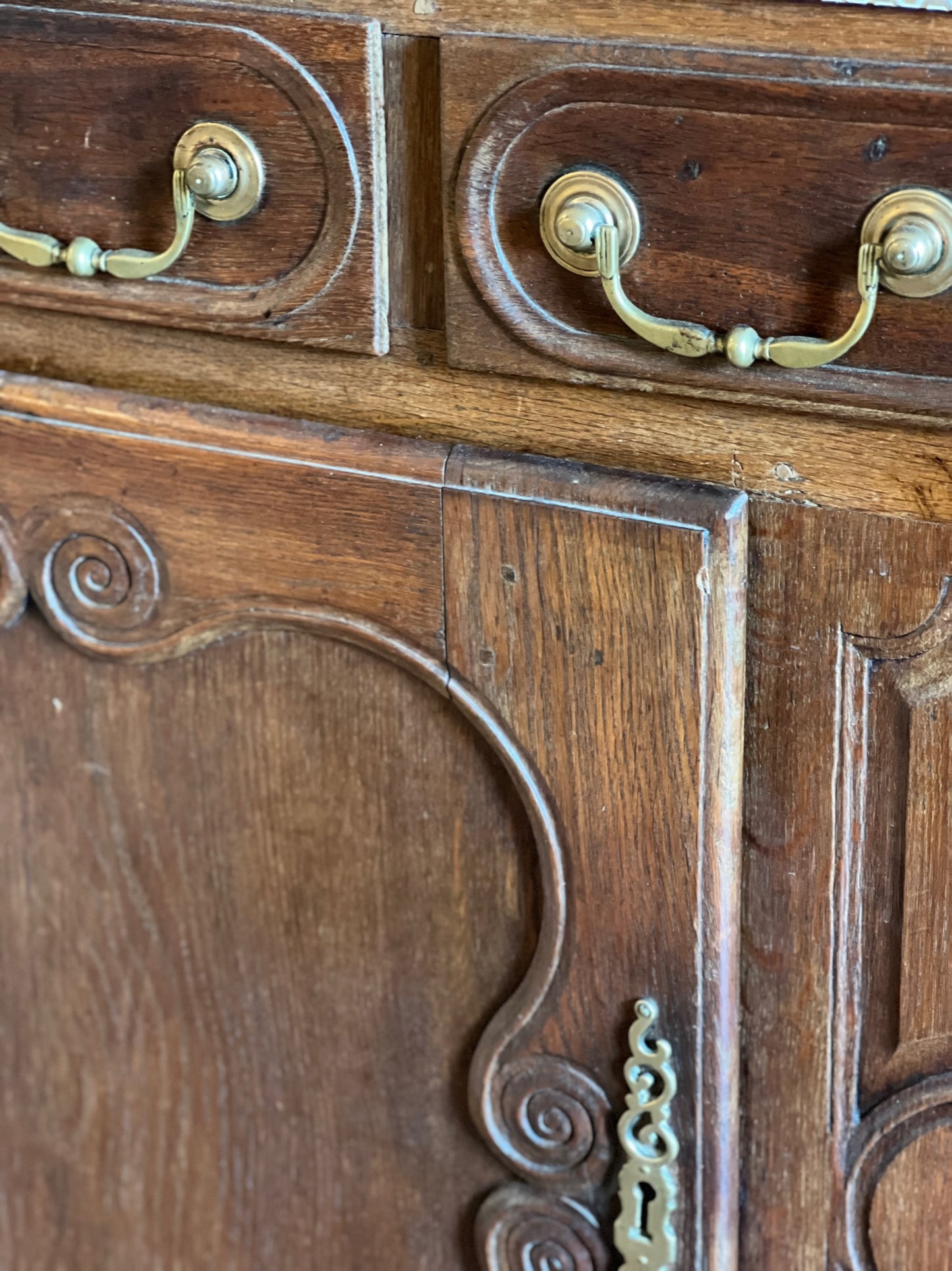 Antique French Carved Oak Buffet with Brass Accents