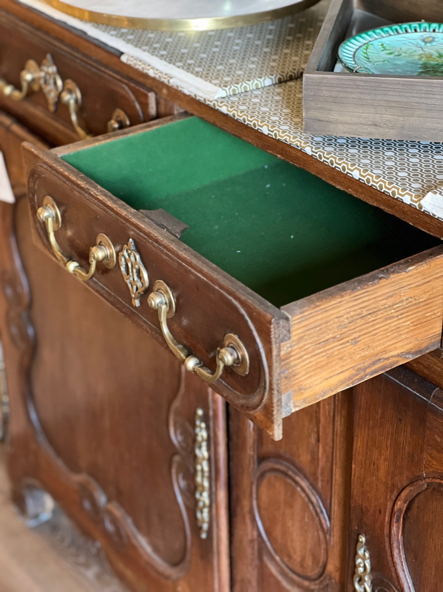 Antique French Carved Oak Buffet with Brass Accents