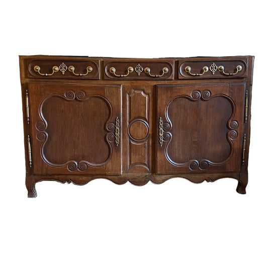 Antique French Carved Oak Buffet with Brass Accents
