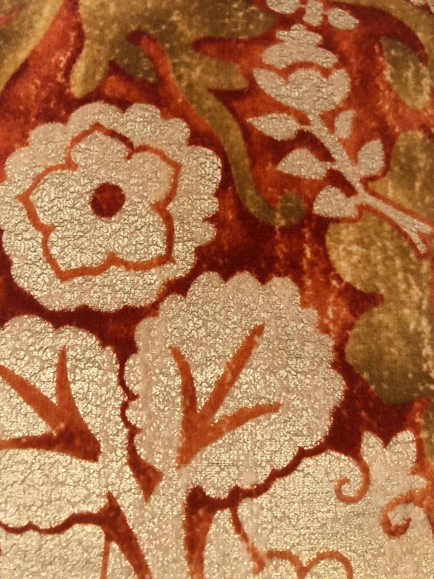 Orange Coral Hand Printed on Linen Velvet with Metallic Cord Pillow