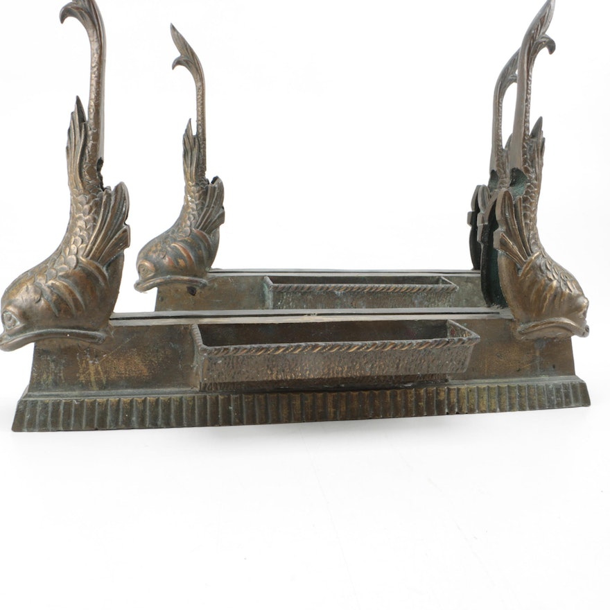 Bronze Firedog Tool Rests with Regency Style Dolphin Fish Motif