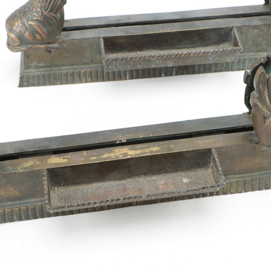 Bronze Firedog Tool Rests with Regency Style Dolphin Fish Motif