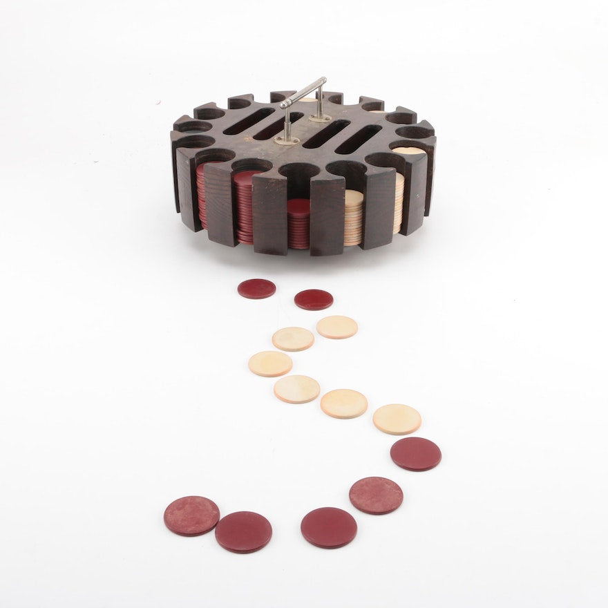 Vintage Clay Poker Chips with Round Chip Caddy