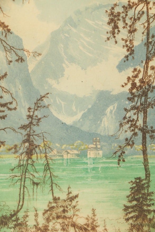 Hand Colored Etching of Landscape with Lake