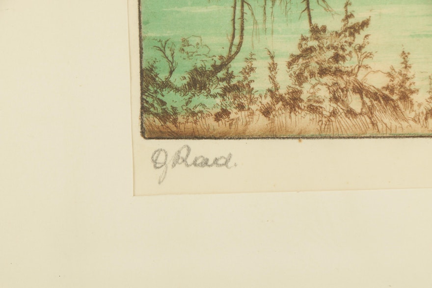 Hand Colored Etching of Landscape with Lake