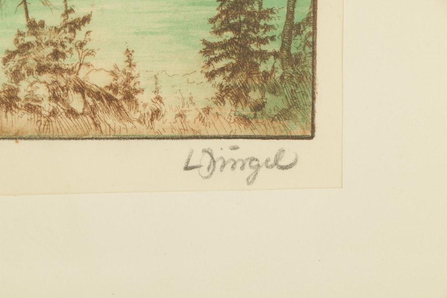 Hand Colored Etching of Landscape with Lake