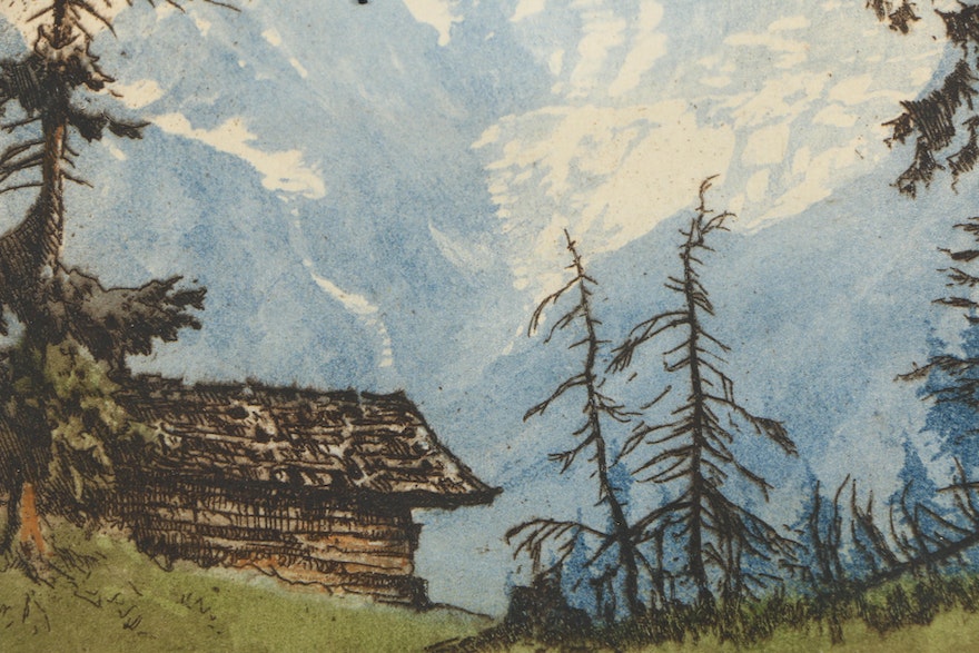 Signed Etching of Landscape with Cabin