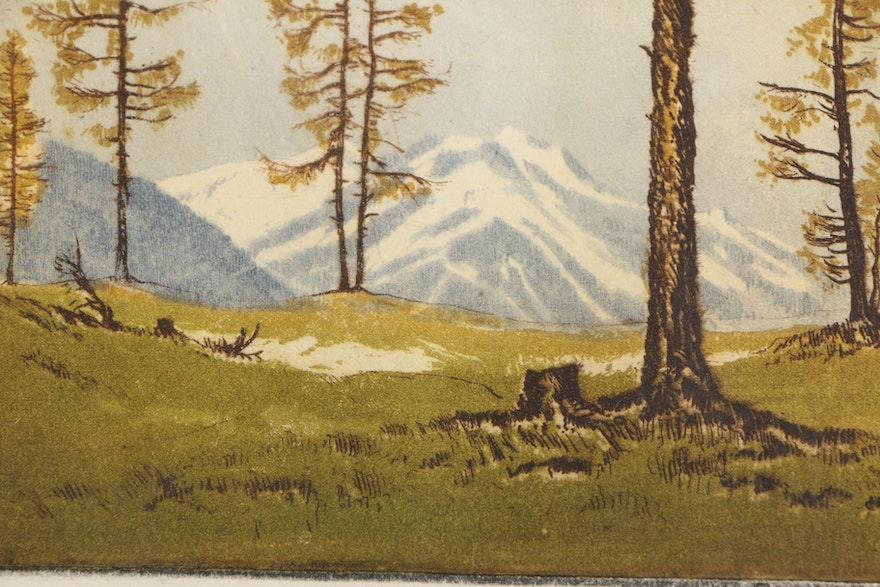 Signed Etching of Mountain Landscape