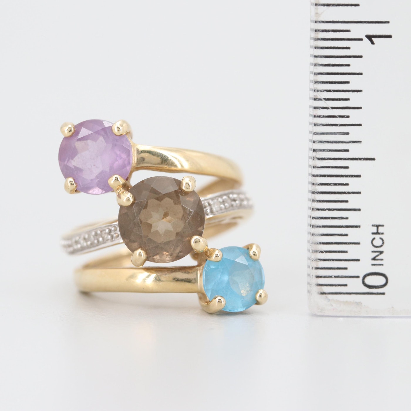 14K Yellow Gold Diamond and Three Gemstone Ring with Pavé Diamonds