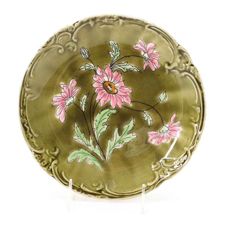 Rare Majolica Plate Green with Pink Flower