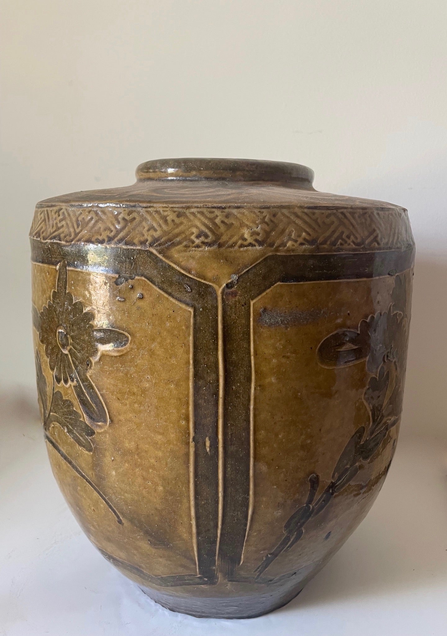 Antique Ceramic Pot with Botanical Motif