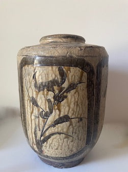 Antique Ceramic Pot with Crane and Botanical Motif