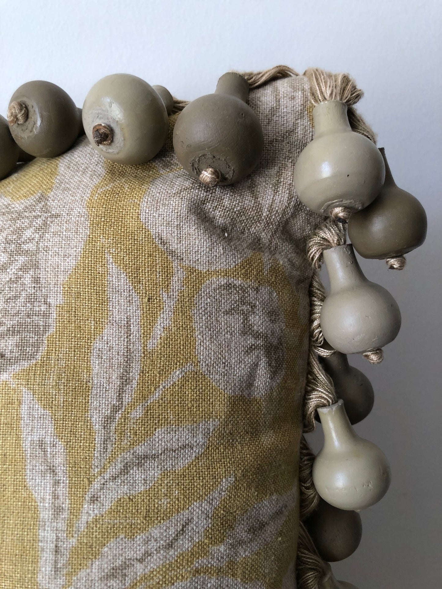 Custom Yellow and Khaki Damask Lumbar with Wooden Beads