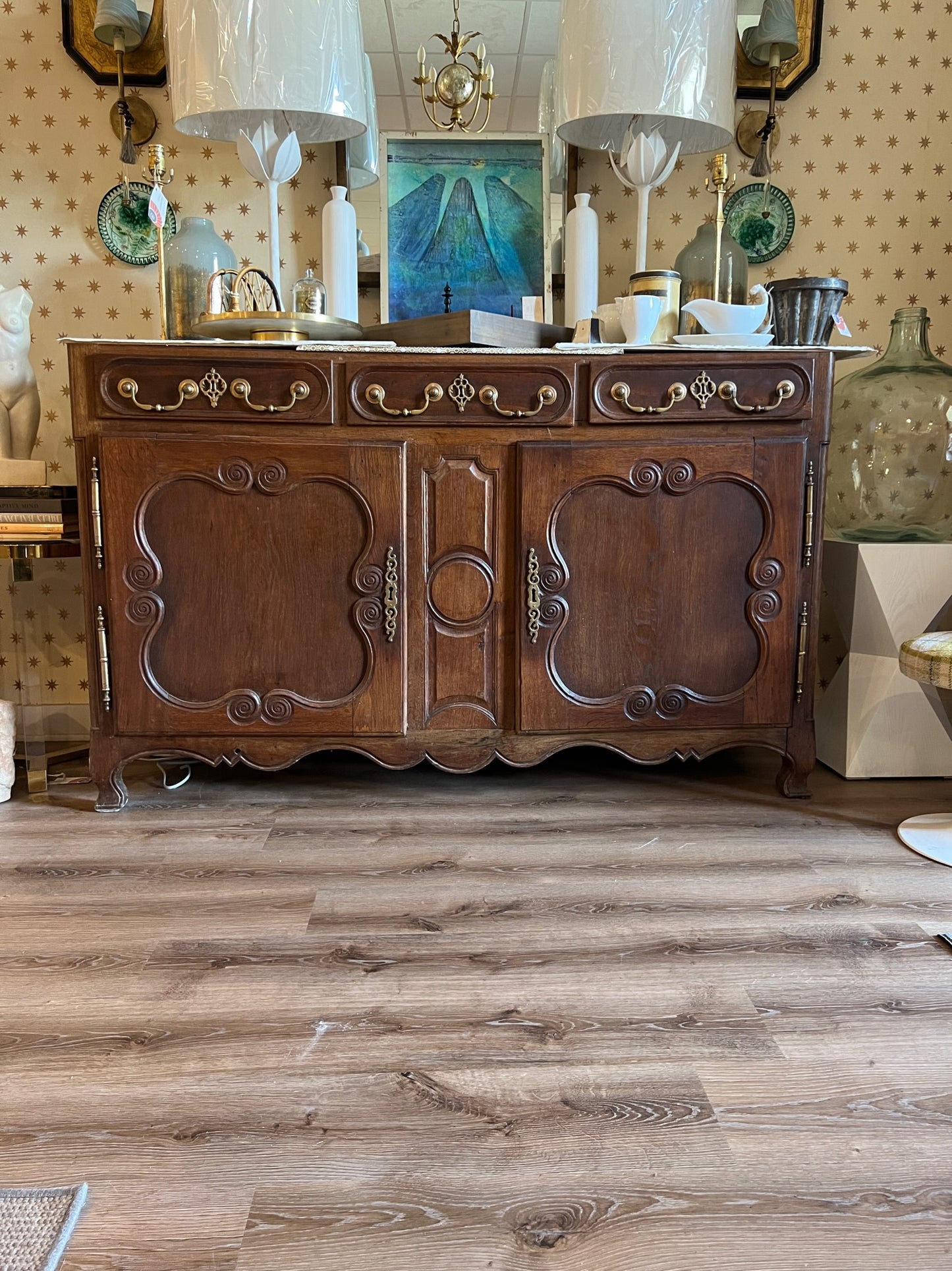 Antique French Carved Oak Buffet with Brass Accents