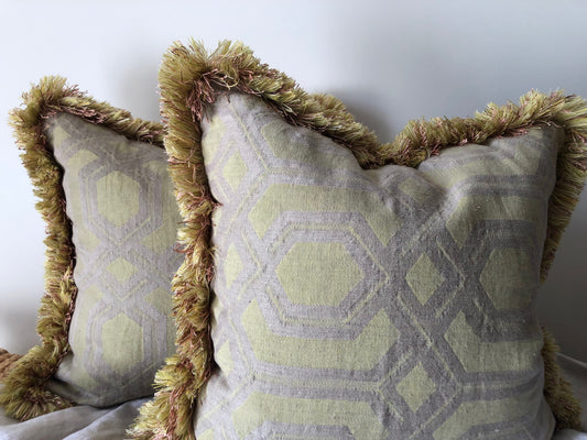 Custom Tan and Gold Ikat with Brush Fringe Pillow