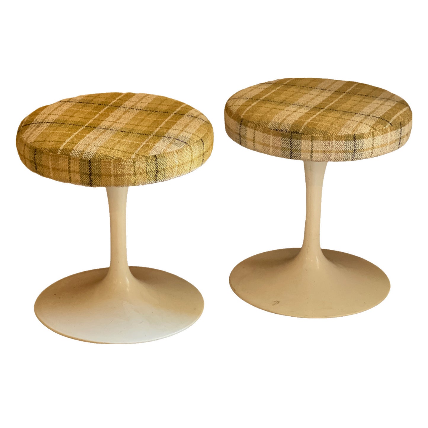 Vintage Pair of Tulip Stools with Green Plaid Upholstery