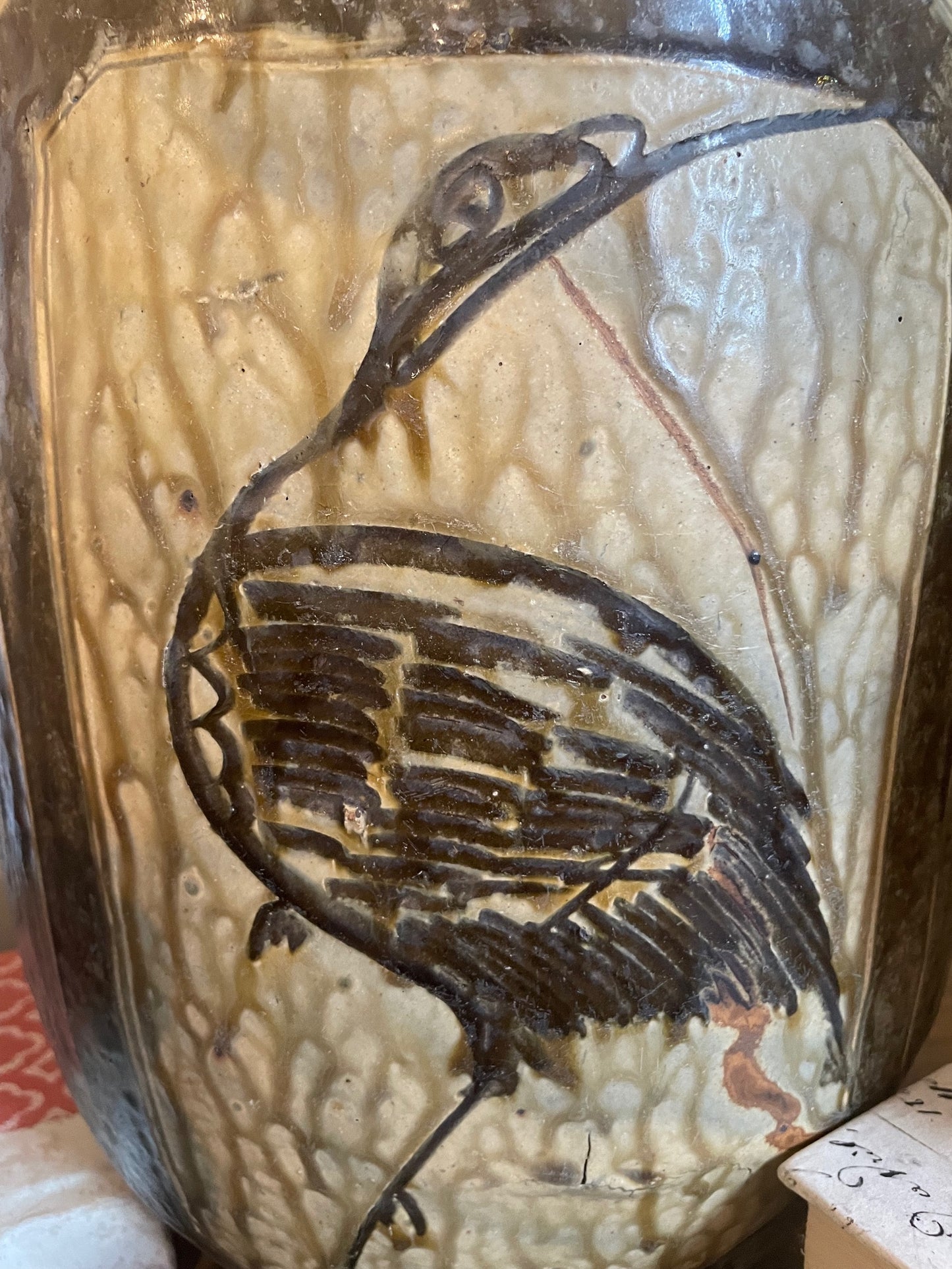 Antique Ceramic Pot with Crane and Botanical Motif