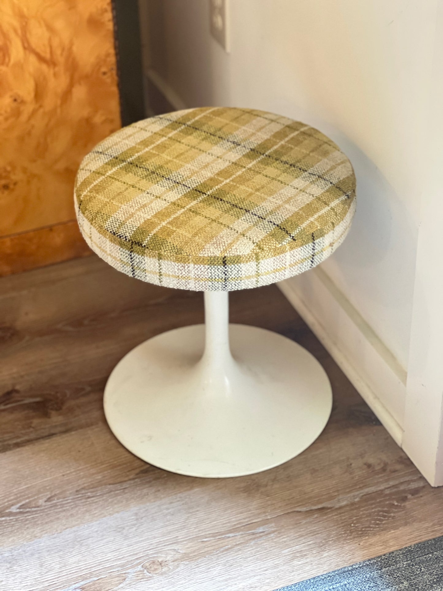Vintage Pair of Tulip Stools with Green Plaid Upholstery