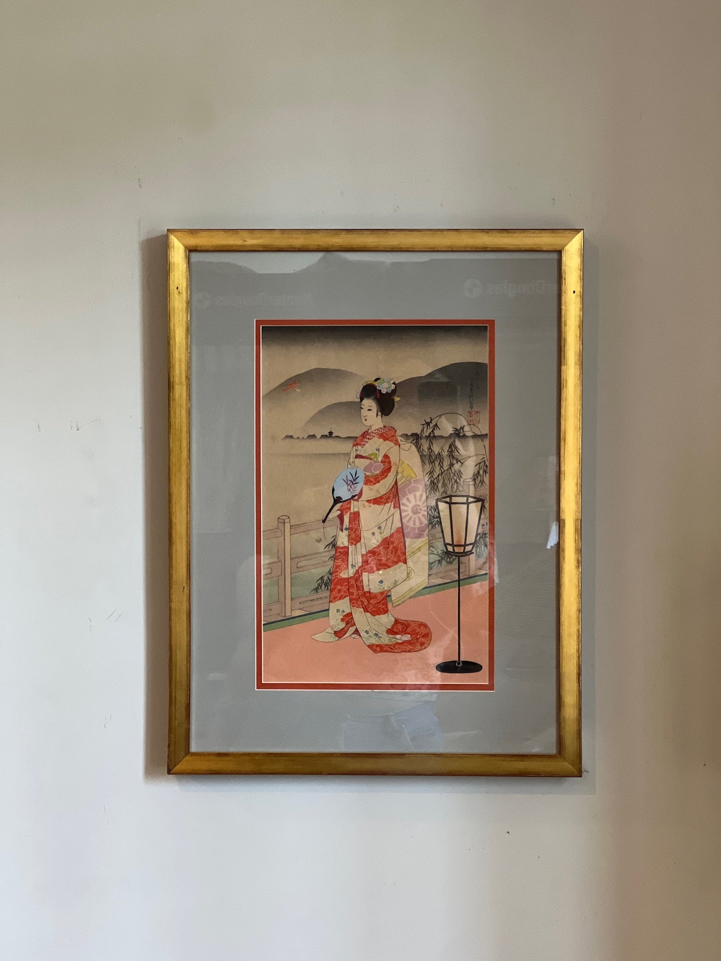 Framed East Asian Style Gouache Painting on Paper of Woman