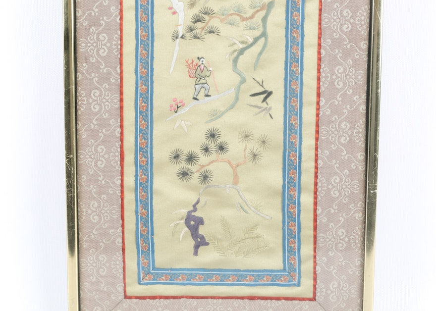 Vintage Framed Chinese Embroidered Textile - Blue
