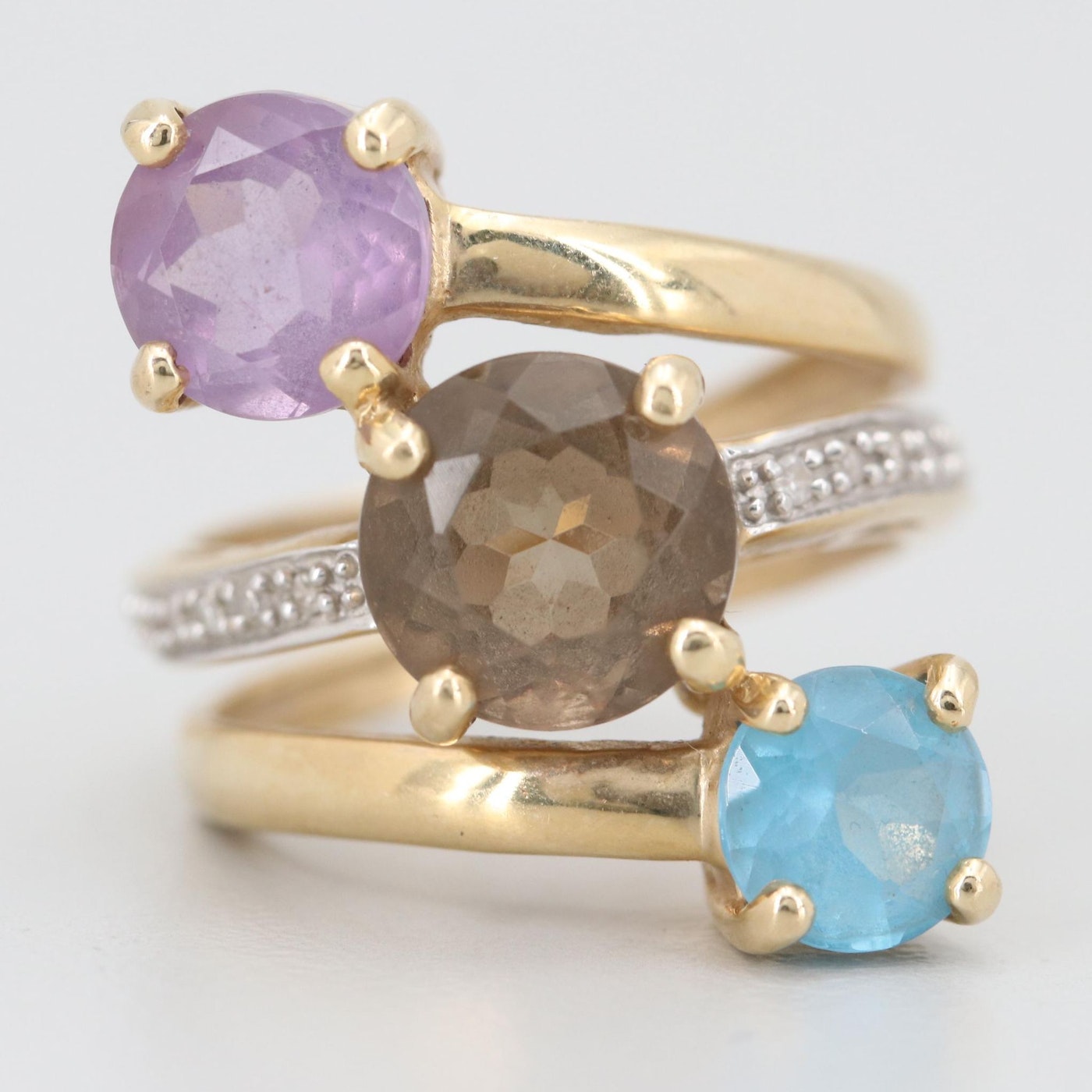14K Yellow Gold Diamond and Three Gemstone Ring with Pavé Diamonds
