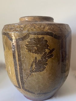 Antique Ceramic Pot with Bird and Flower Motif