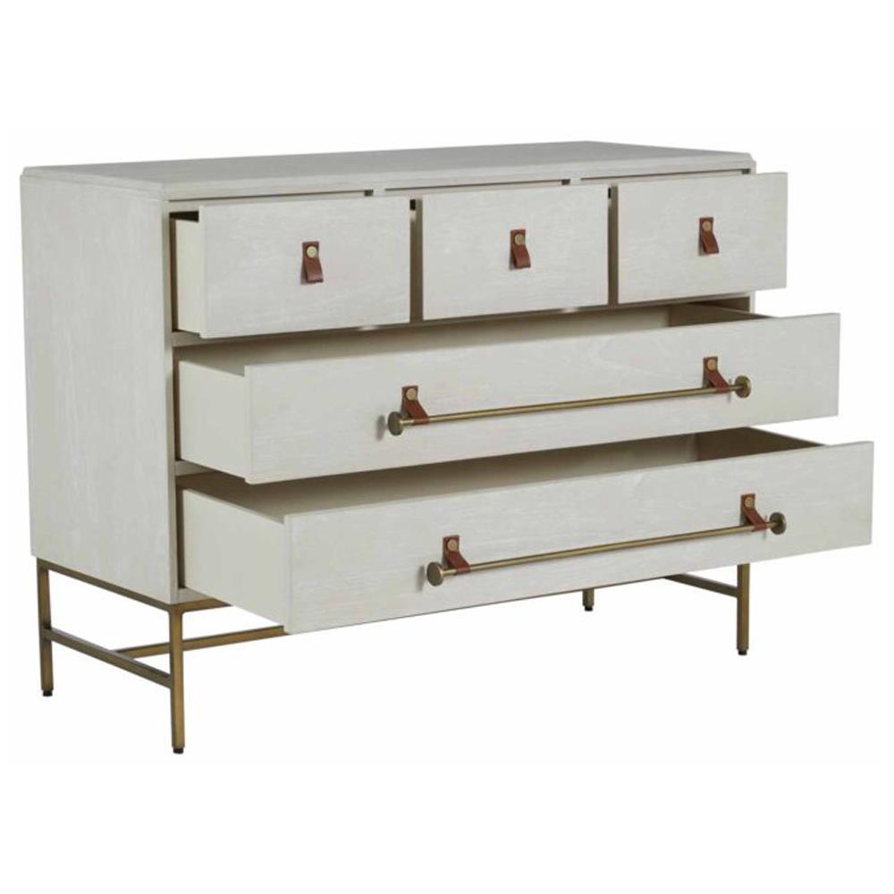 Maya 5-drawer White Dresser with Leather and Gold Hardware