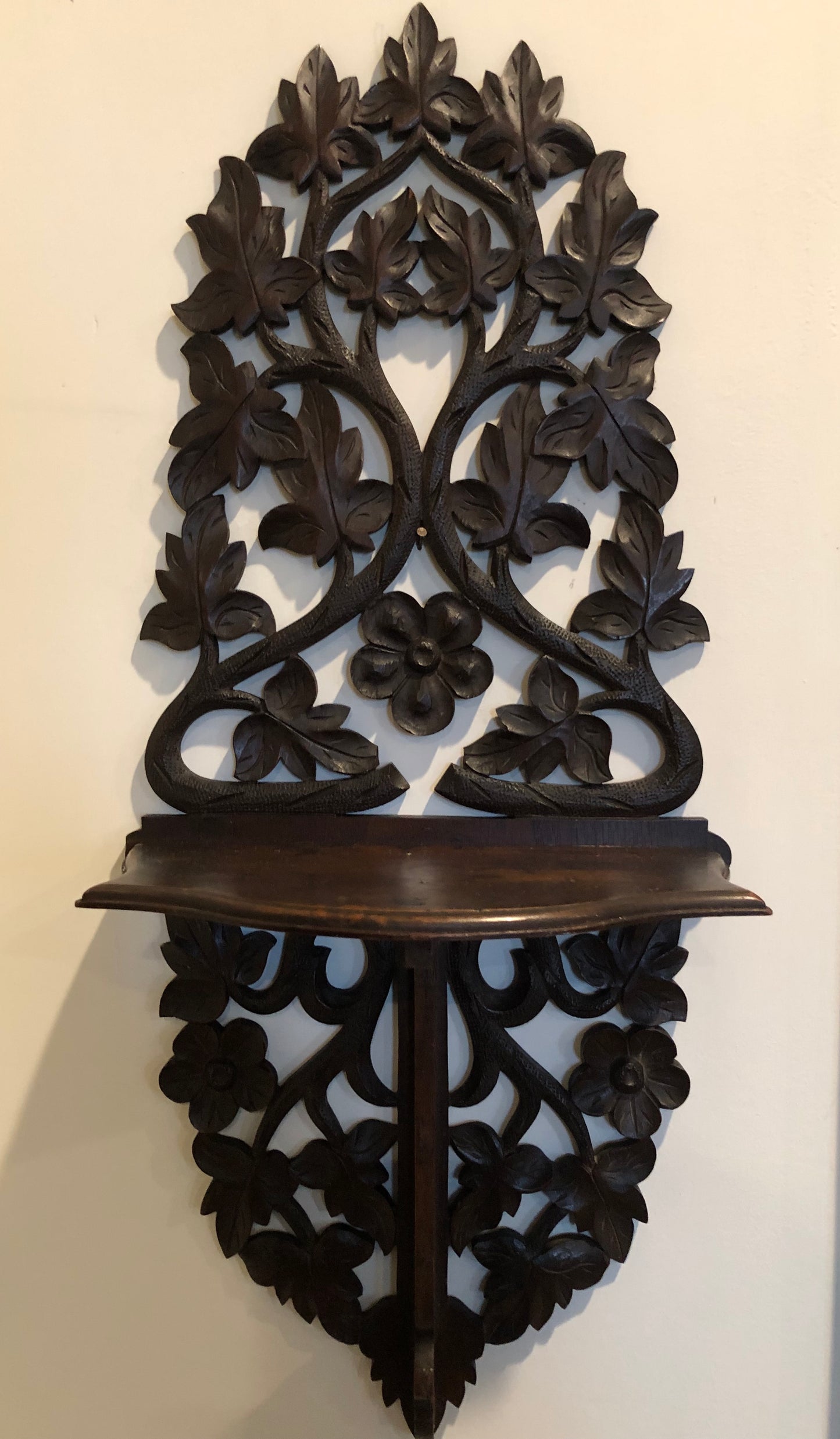 Antique Carved Black Forest Wood Wall Bracket with Shelf