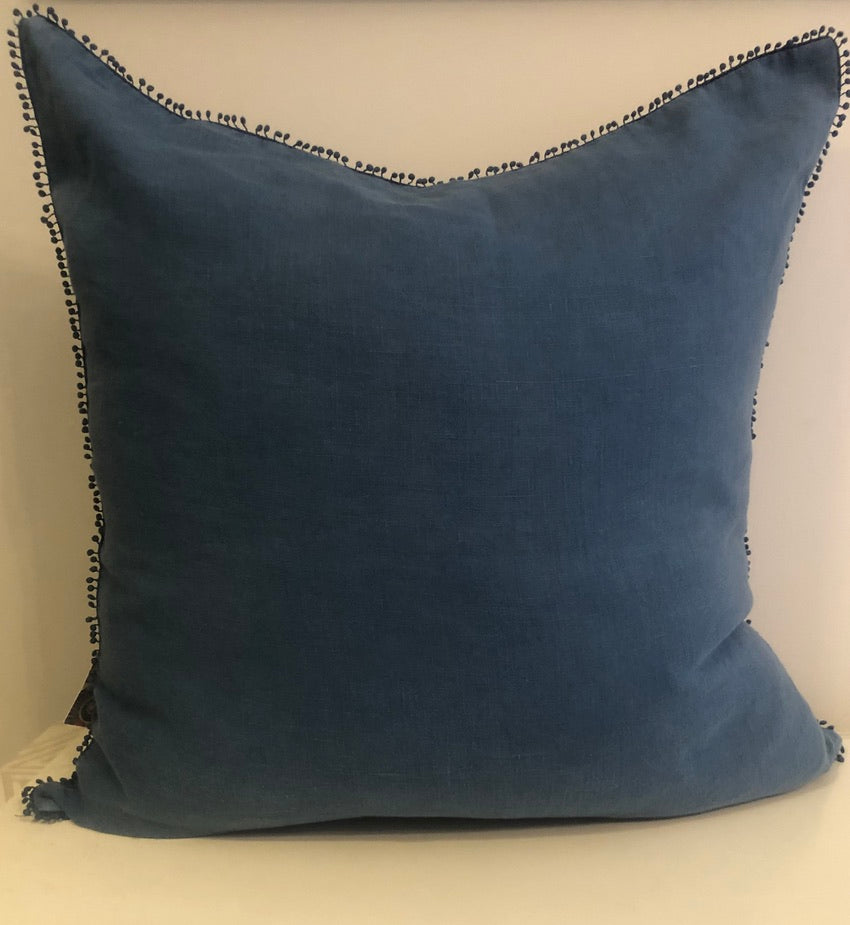 French Blue Linen Pom Pom Pillow Cover