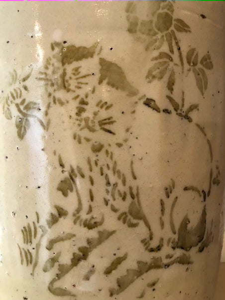 Antique Ceramic Pot with Cat Motif