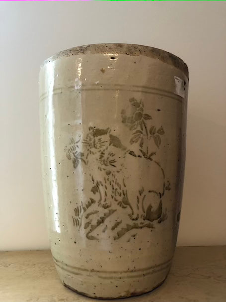 Antique Ceramic Pot with Cat Motif